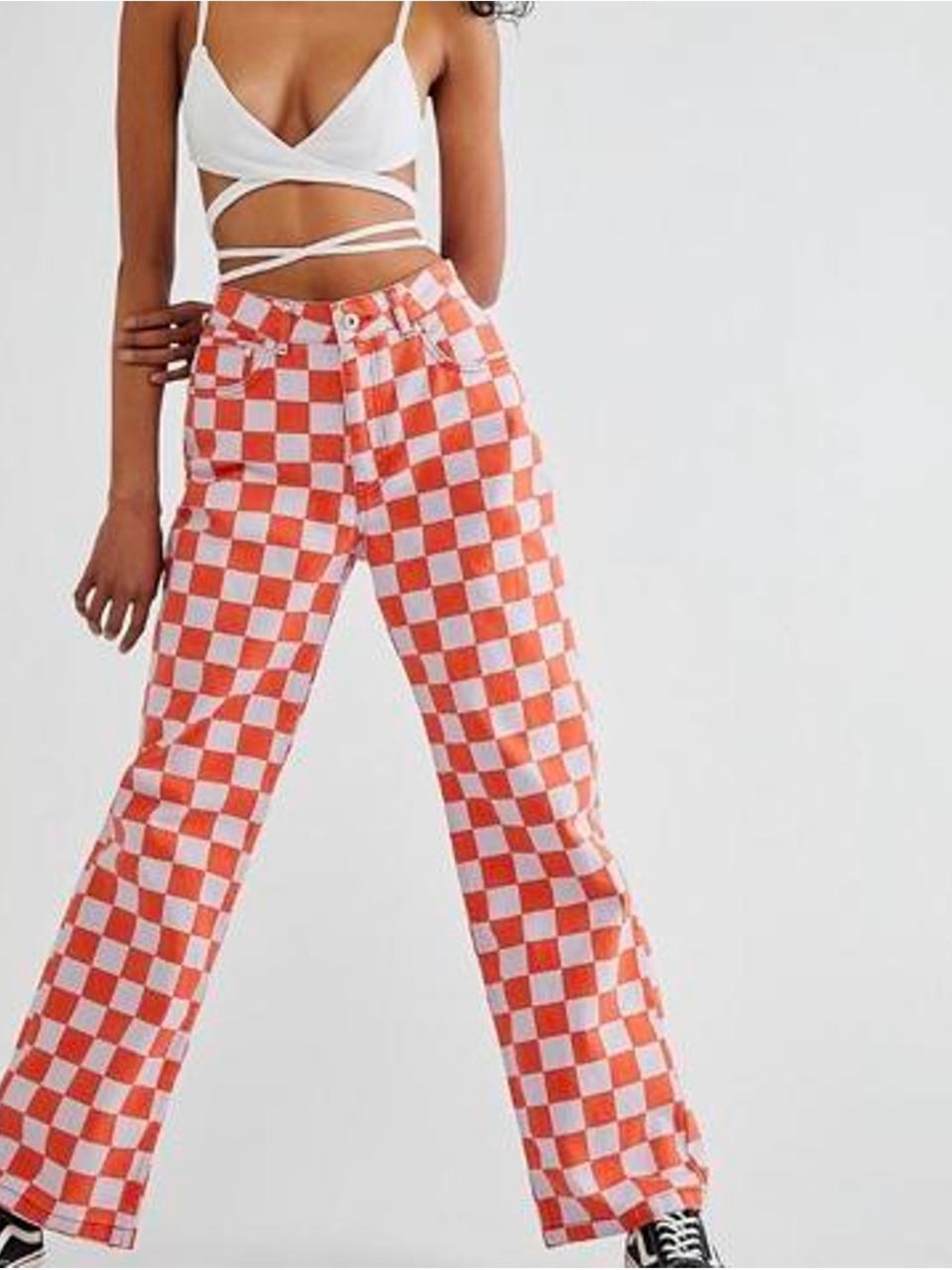 The Ragged Priest Checkered High Waist Straight Leg Denim, Orange & Light Purple